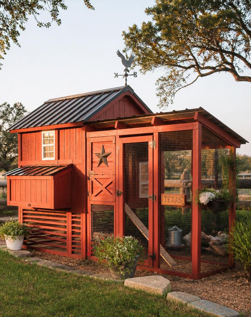 A red wooden Crazy Coops chicken coop in a sunny Texas backyard at golden hour